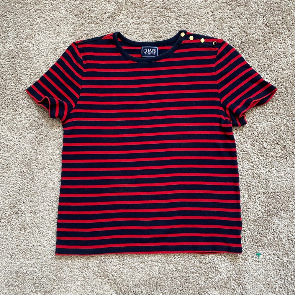 Striped red and navy blue shirt nautical
Gold button